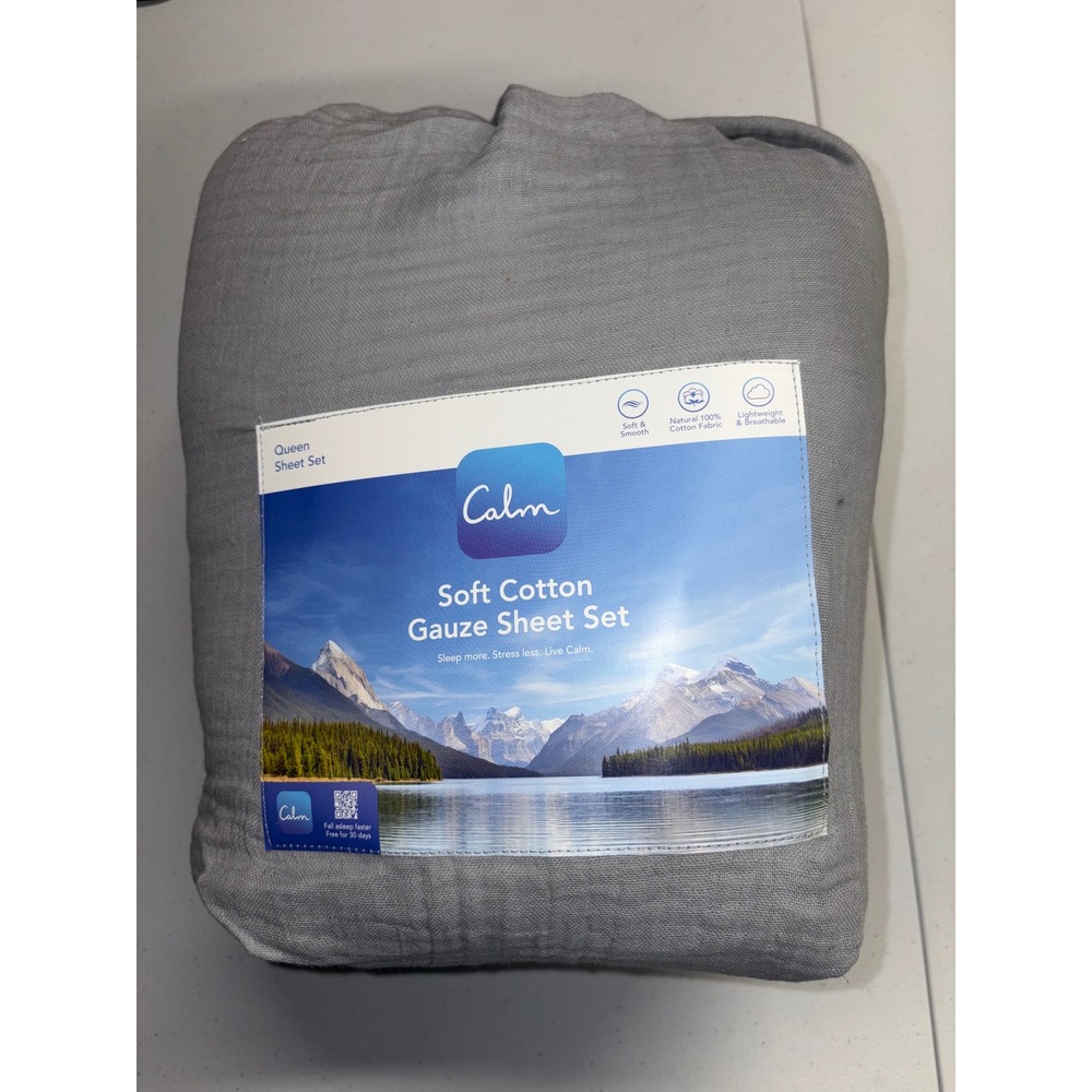 Calm Queen Soft Cotton Gauze Sheet Set Stone Grey 4 Piece Lightweight Breathable